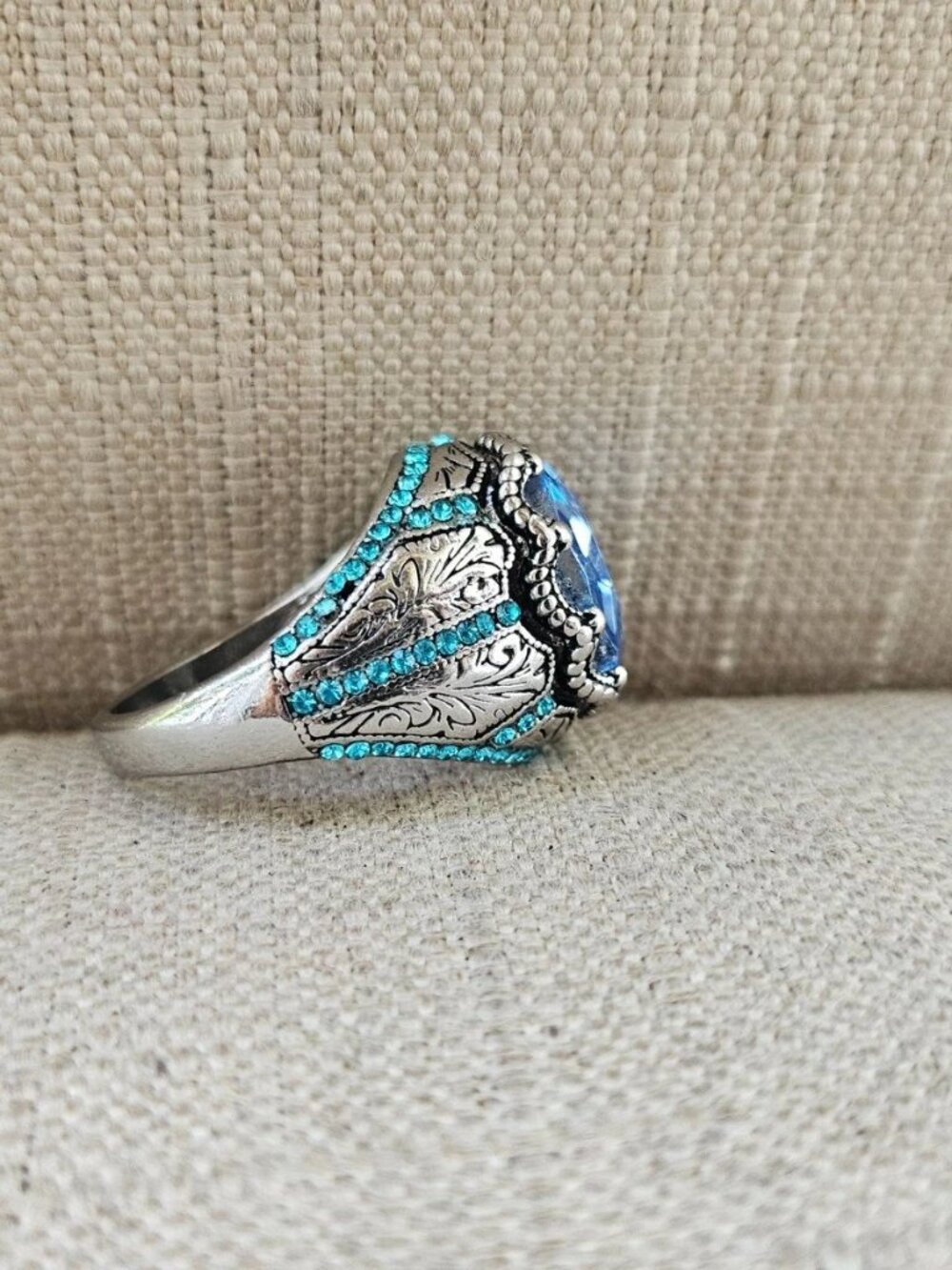 Turkish Style Men Ring Blue Crystal Centered Fashion Jewelry Size 10 New - Picture 7 of 13